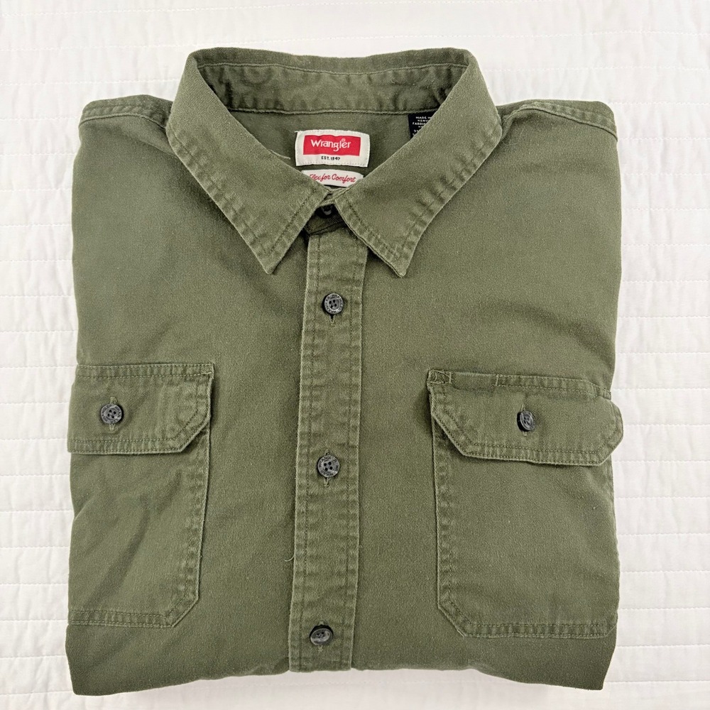 Wrangler Olive Green Flex For Comfort Button Cotton Blend Work Shirt Mens 2XL